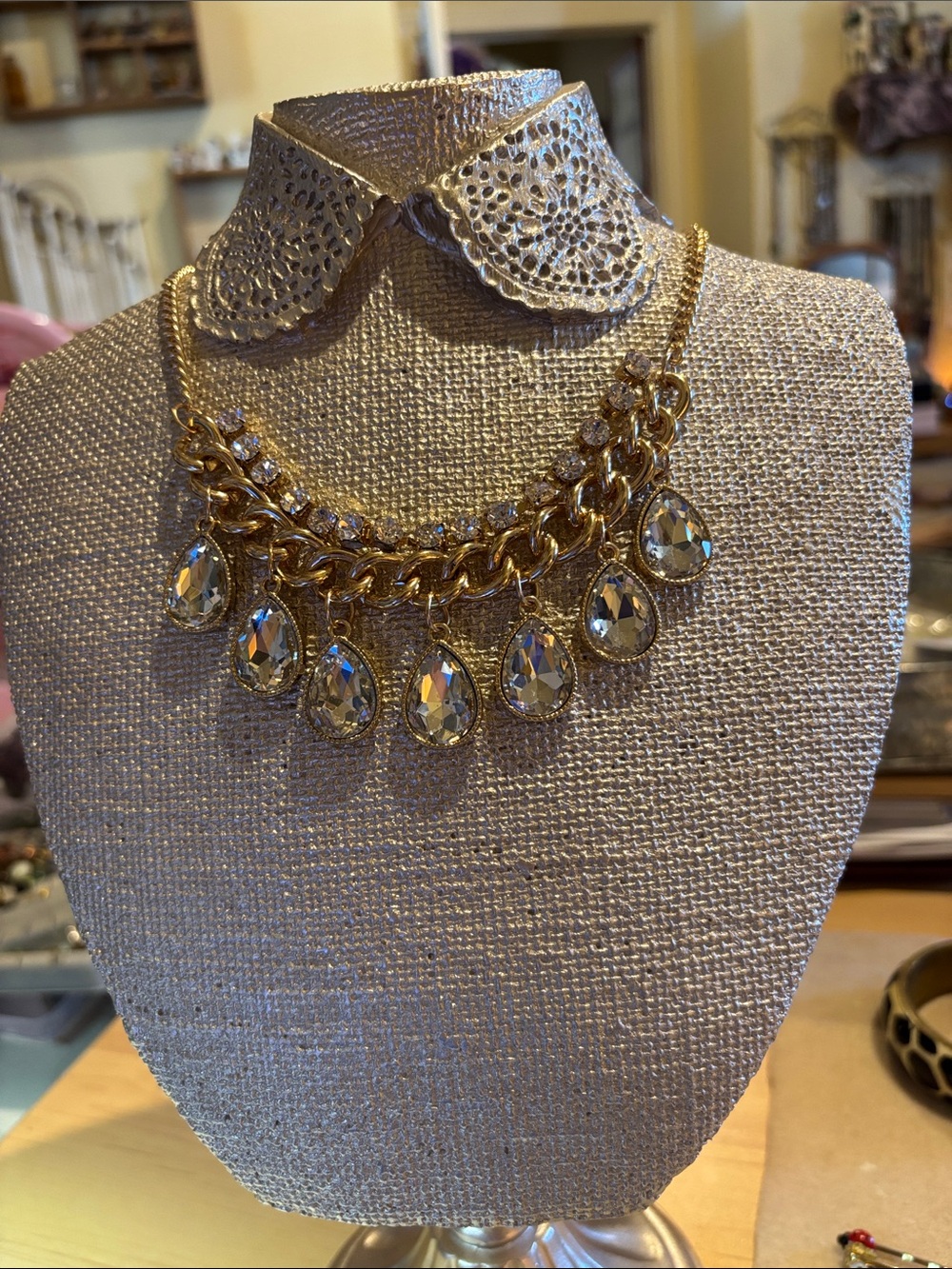 Gold Teardrop Crystal Statement Necklace by